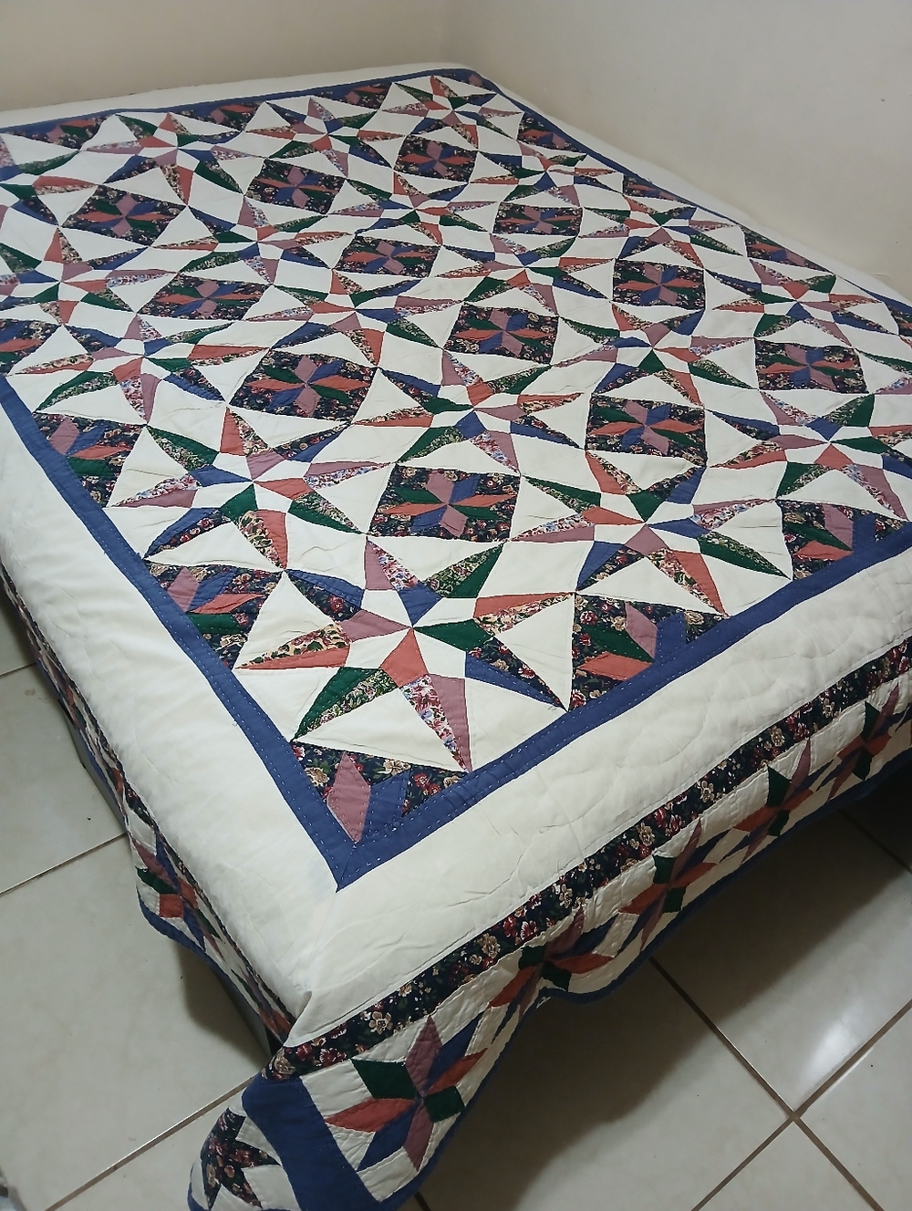Arch Quilts Elmsford NY 8 Point Star Calico Quilt Queen Blanket 3 Shams set vtg